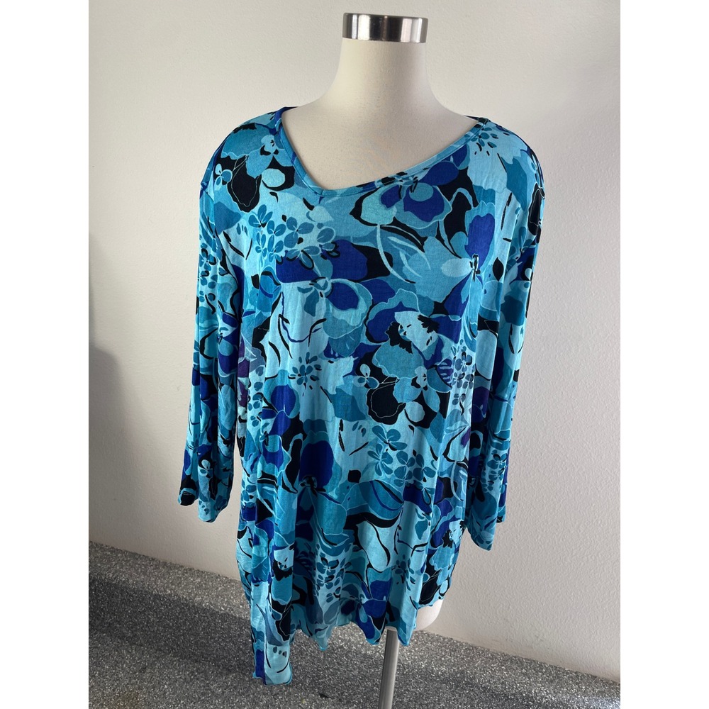 NEW Slink Brand Womens Plus 3X Blue Floral V Neck Asymmetric Tunic Top Stretch